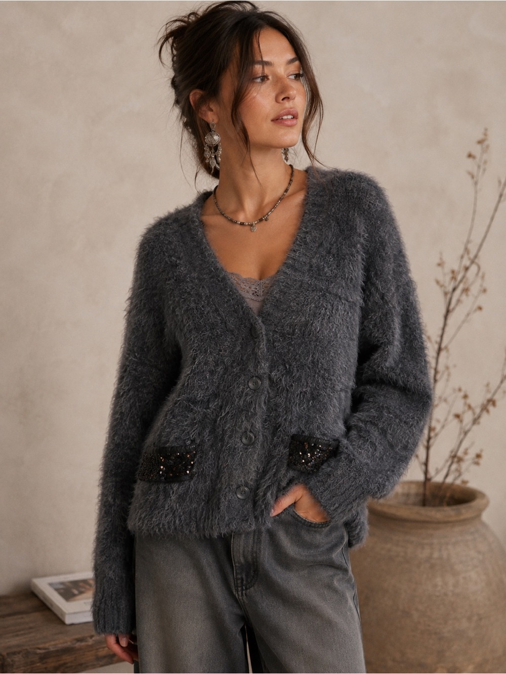 JOA Cozy Charcoal Fuzzy V-Neck Cardigan Sweater